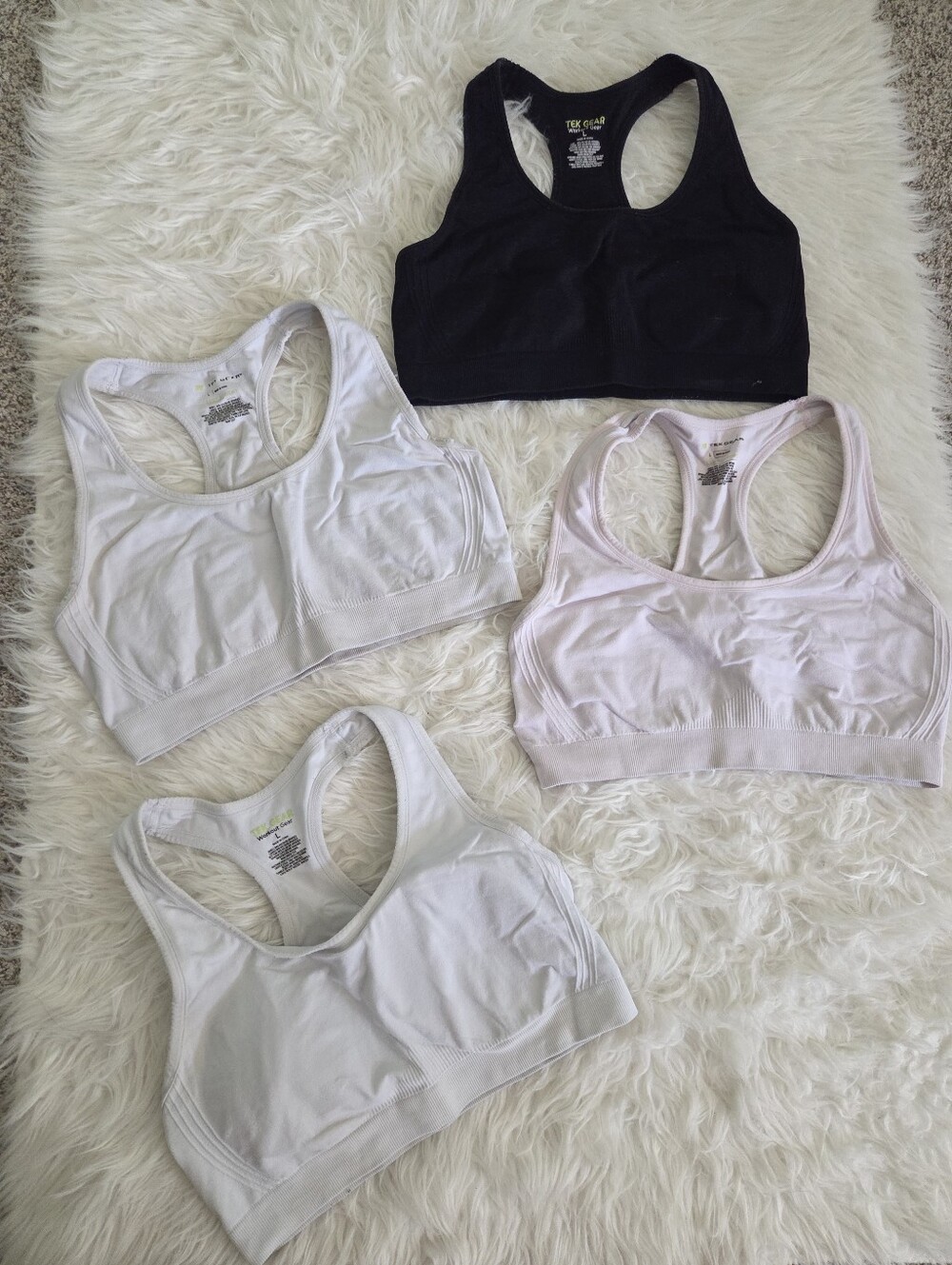 Tek Gear Seamless Racerback Sports Bras - White, Pink, Black (4-Pack) Size Large